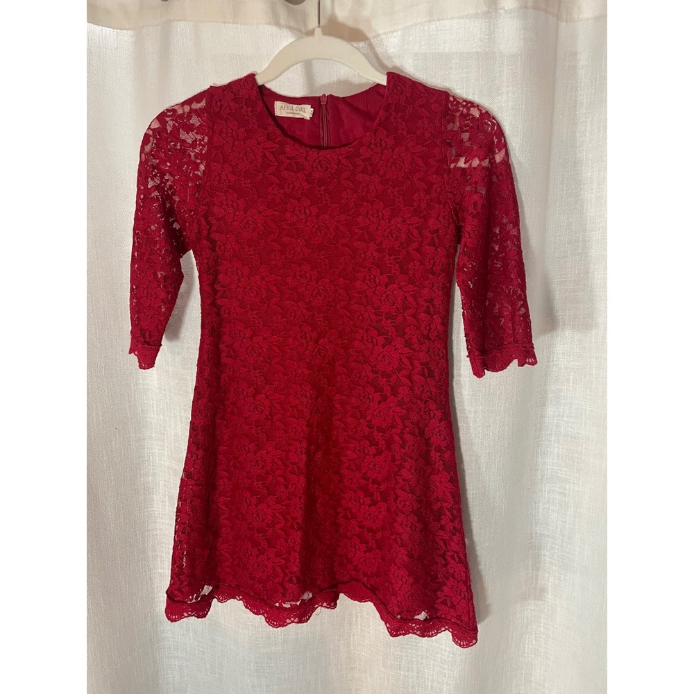 April Girl Red Lace Dress Girls Large 3/4 Sleeve Pre-teen EUC
